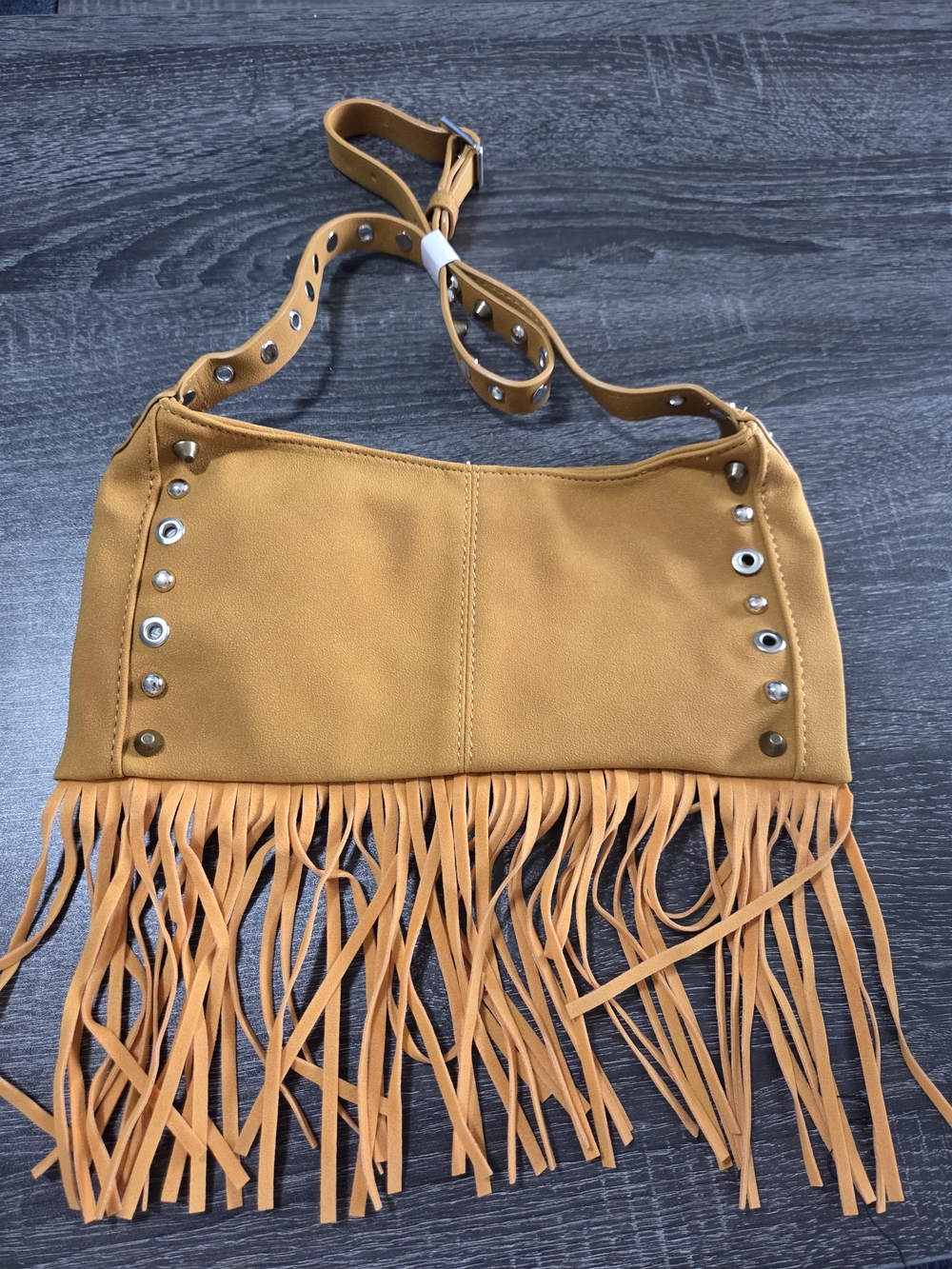 Mustard Yellow Fringed Shoulder Bag with Stud Accents